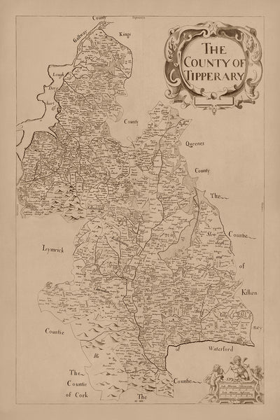 Mapa antiguo del condado de Tipperary por Petty, 1685: Cashel, Clonmel, Fethard, Nenagh, Roscrea