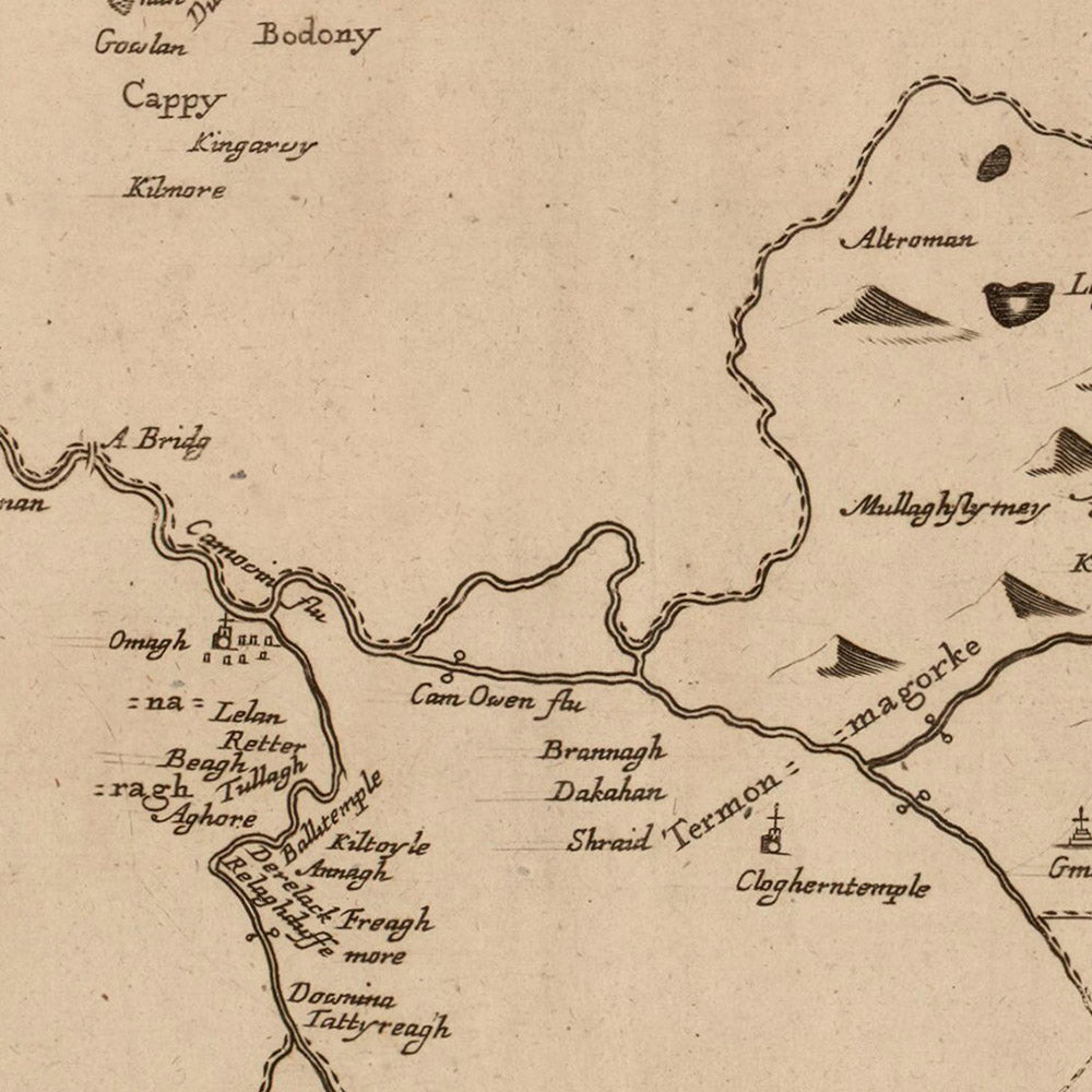 Alte Karte der Grafschaft Tyrone von Petty, 1685: Strabane, Omagh, Sperrin Mountains, Ulster Canal, Lough Neagh