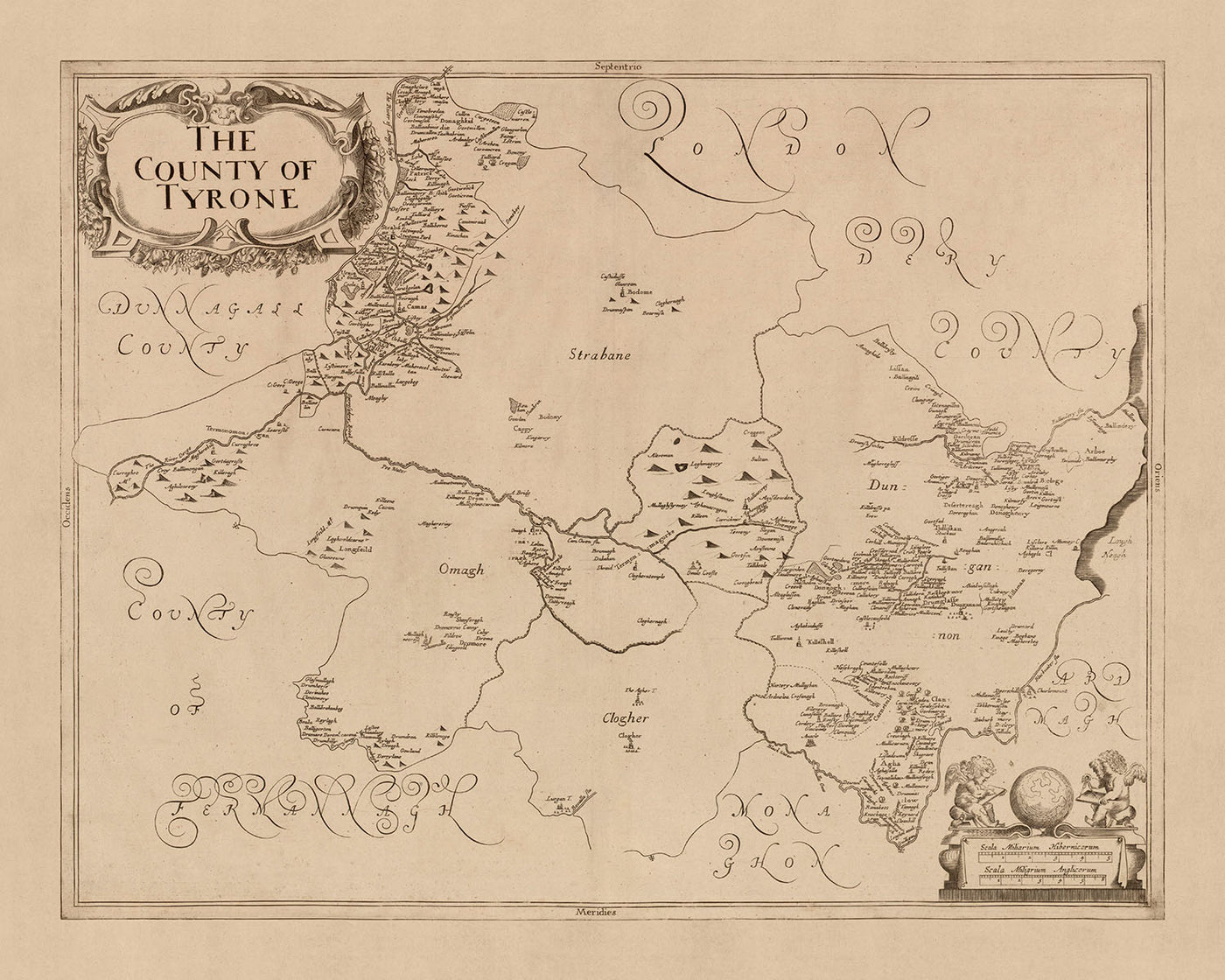 Mapa antiguo del condado de Tyrone por Petty, 1685: Strabane, Omagh, montañas Sperrin, canal del Ulster, lago Neagh