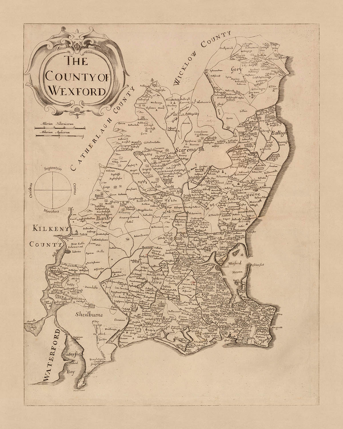 Old Map of County Wexford by Petty, 1685: Clonmines, Enniscorthy, New Ross, Bannow, Duncormick