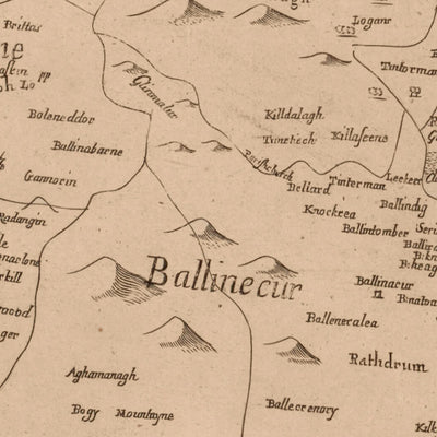 Mapa antiguo del condado de Wicklow por Petty, 1685: Montañas Wicklow, Glendalough, Arklow, Bray, Blessington