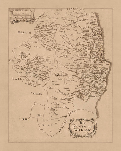 Mapa antiguo del condado de Wicklow por Petty, 1685: Montañas Wicklow, Glendalough, Arklow, Bray, Blessington