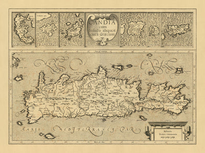 Ancienne carte de la Grèce par Mercator, 1610 : Crète, Corfou, Zante, Santorin, montagnes