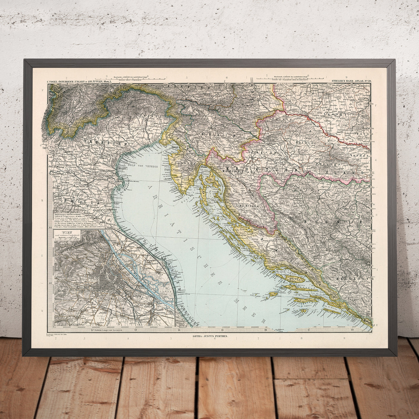 Mapa antiguo de Croacia y Bosnia de Adolf Stieler, 1894: mar Adriático, costa dálmata y montañas Velebit
