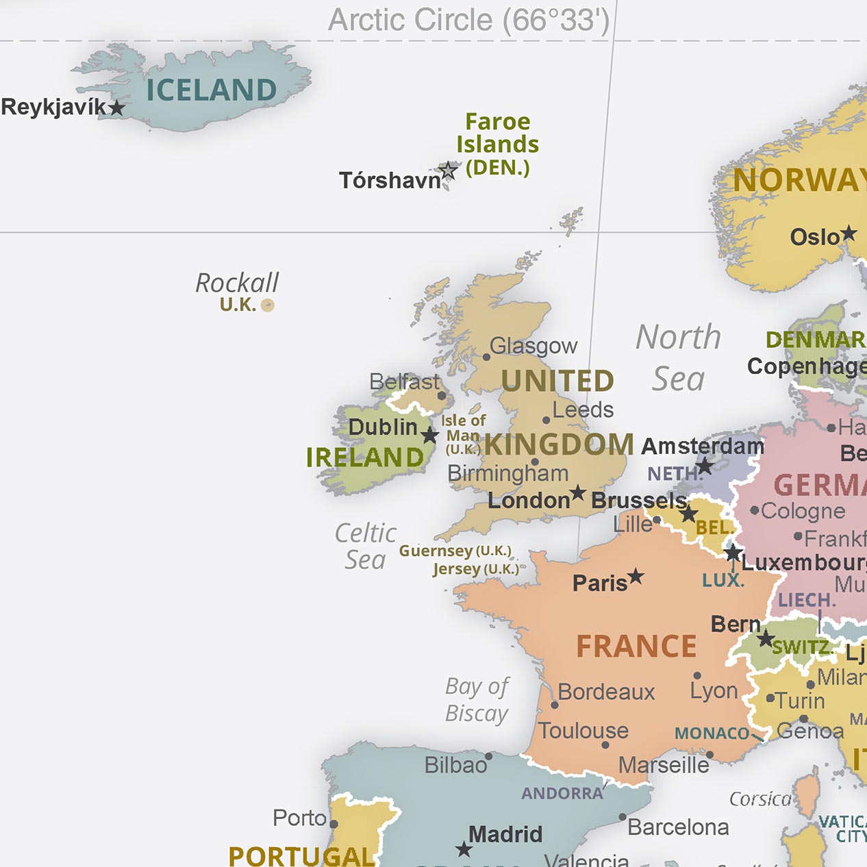 Frontières politiques de la carte de l’Ancien Monde, 2023 : CIA, projection Robinson, capitales et grandes villes