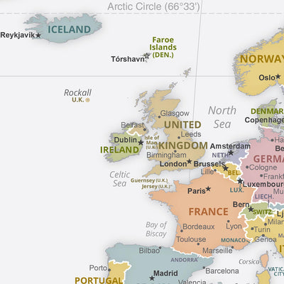 Modern World Map: Political Borders, Robinson Projection, Capitals & Major Cities