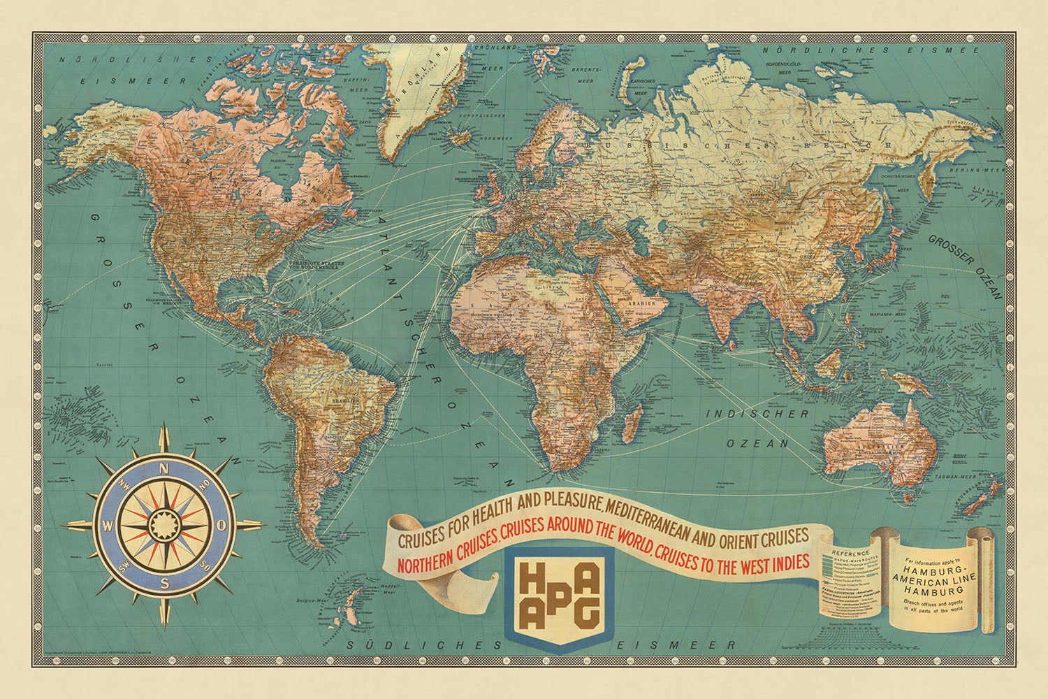 Zepplin Map Old World Map of Cruise & Airship Routes, 1931: HAPAG, Zeppelin Routes ...