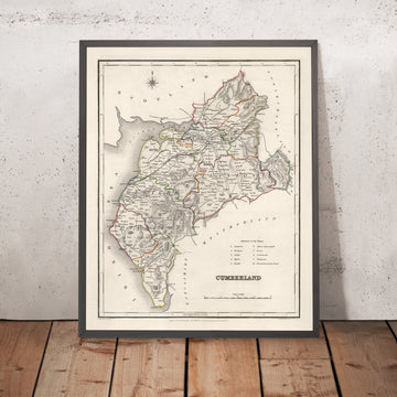 Antica mappa del Cumberland di Samuel Lewis, 1844: Carlisle, Whitehaven, Workington, Penrith e Keswick 