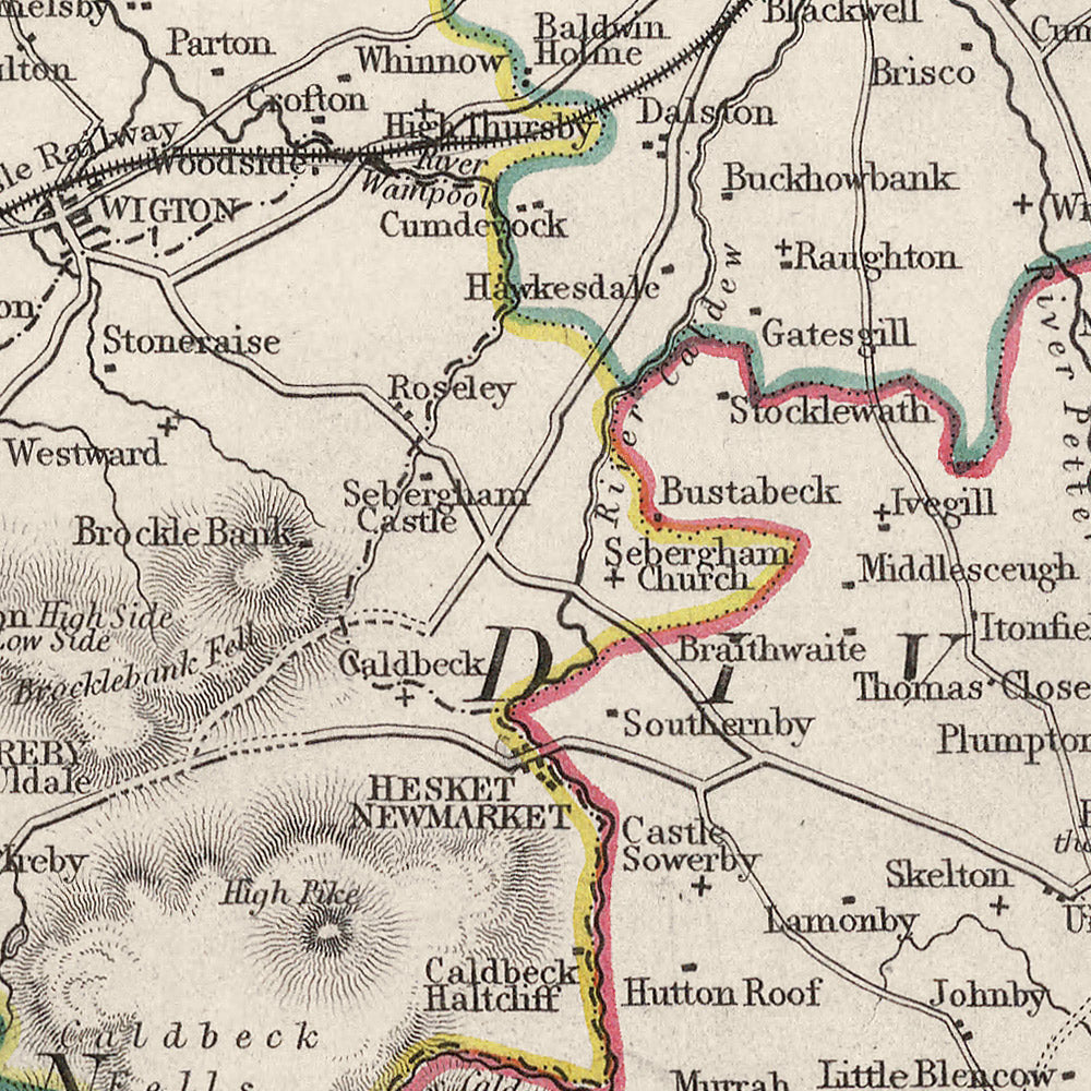 Ancienne carte de Cumberland par Samuel Lewis, 1844 : Carlisle, Whitehaven, Workington, Penrith et Keswick