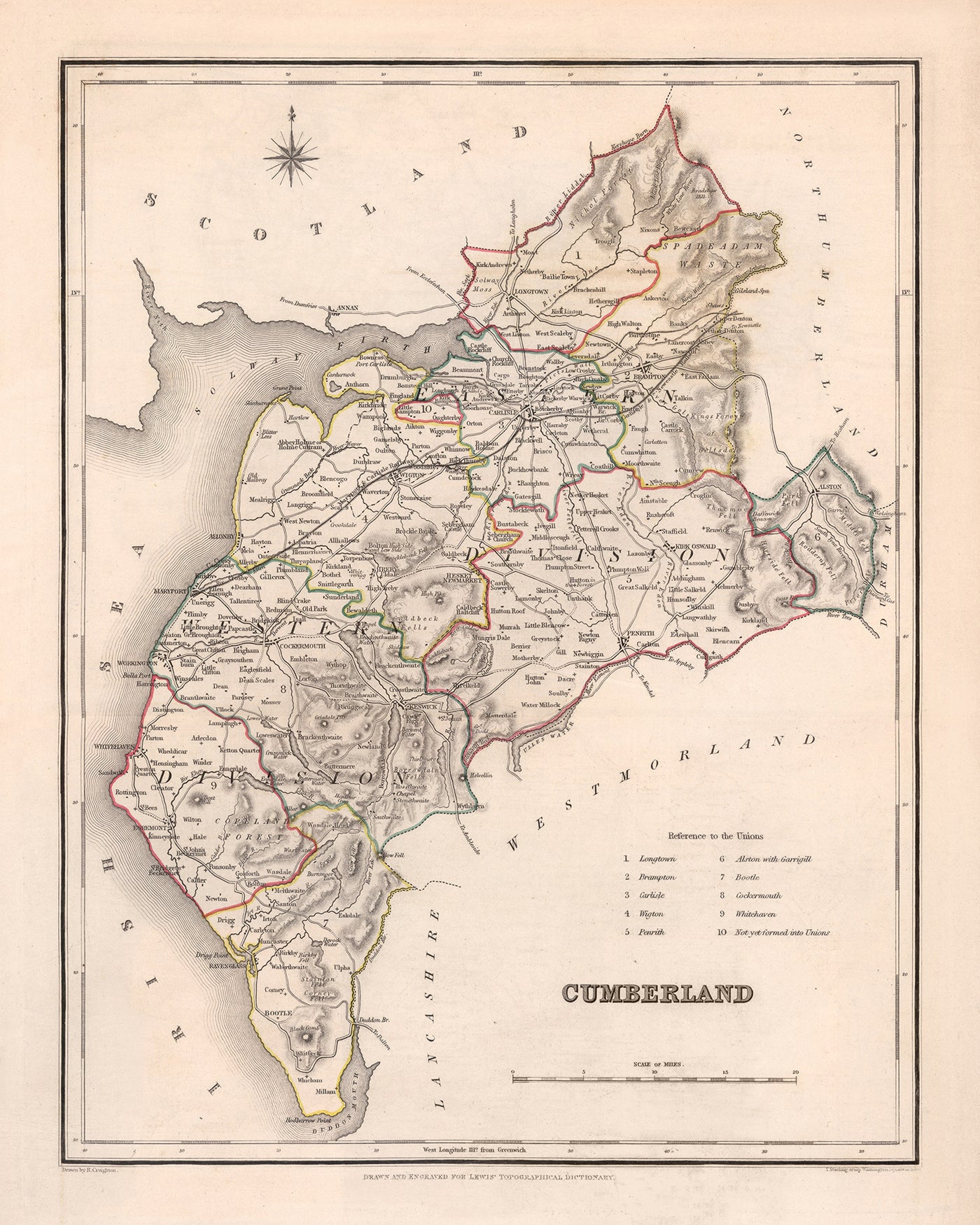 Mapa antiguo de Cumberland por Samuel Lewis, 1844: Carlisle, Whitehaven, Workington, Penrith y Keswick