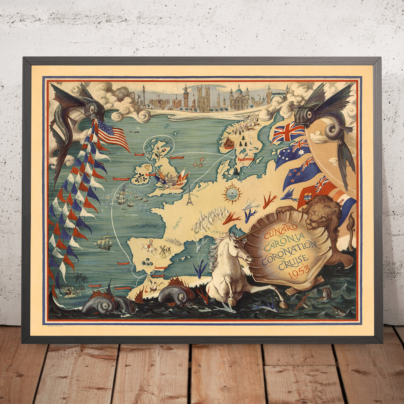 Mapa ilustrado antiguo del crucero de coronación del Cunard Caronia, 1953: Londres, París, Roma, Gibraltar, Atenas