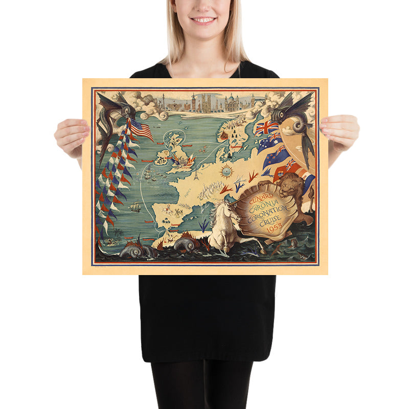 Alte Cunard Caronia Krönungskreuzfahrtkarte, 1953: London, Paris, Rom, Gibraltar, Athen 