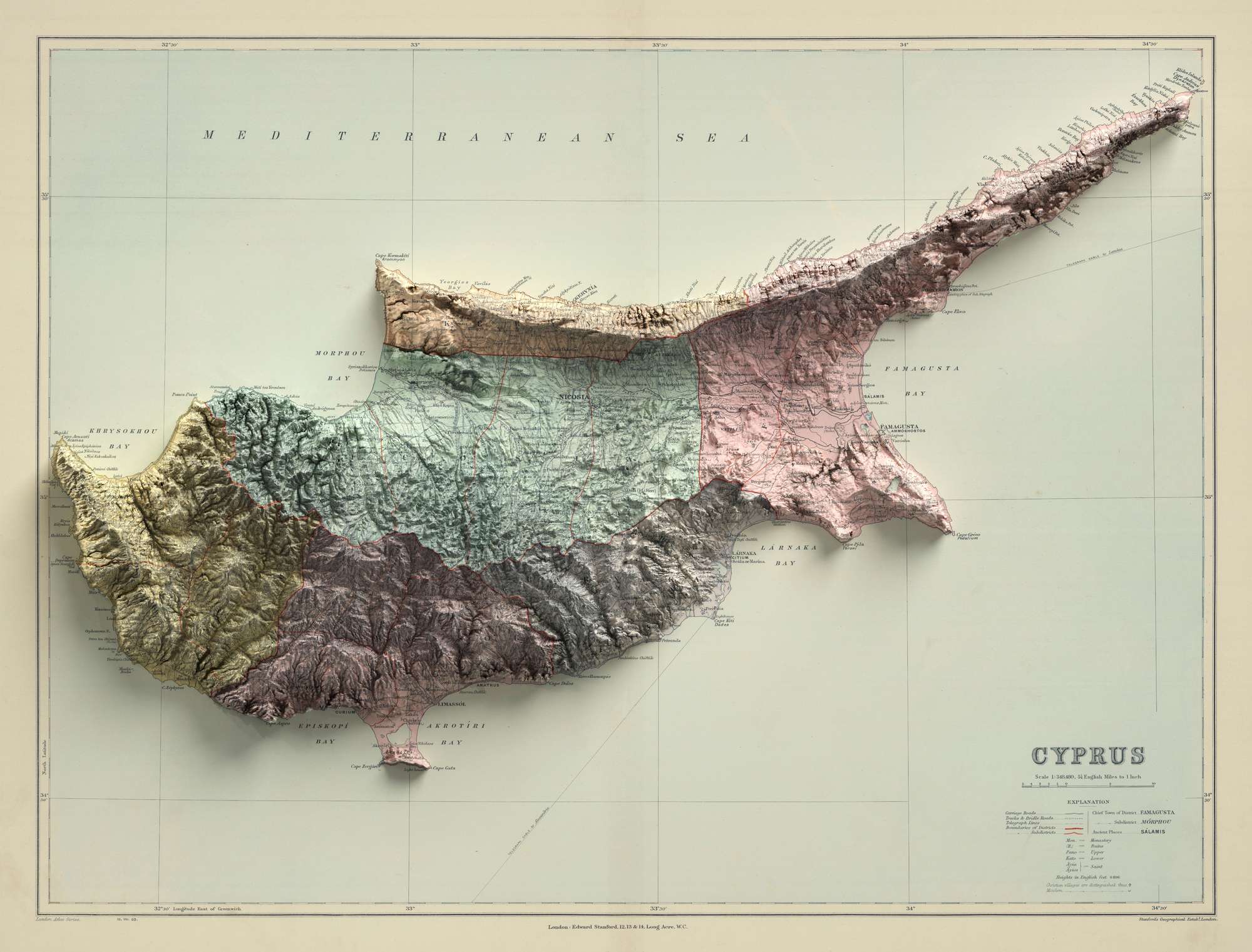 Old Map of Cyprus by Stanford, 1904: Nicosia, Troodos Mtns, Ancient Si ...
