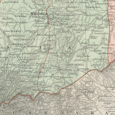 Alte Karte von Zypern von Stanford, 1904: Nikosia, Troodos-Gebirge, antike Stätten, Buchten, Bezirke