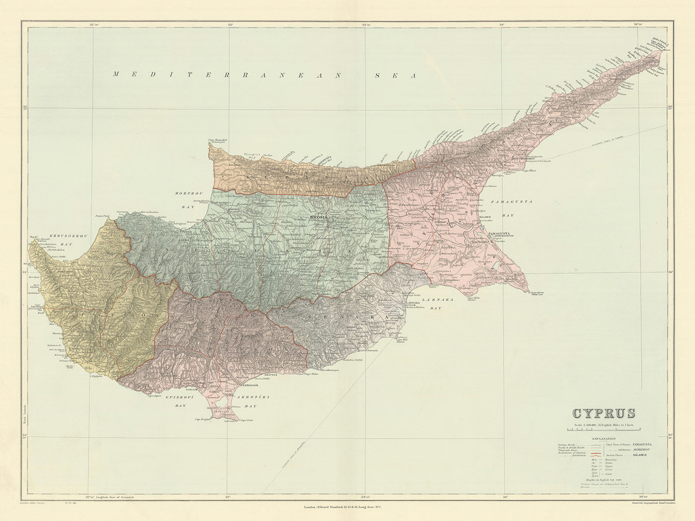 Alte Karte von Zypern von Stanford, 1904: Nikosia, Troodos-Gebirge, antike Stätten, Buchten, Bezirke