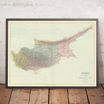 Antica mappa di Cipro di Stanford, 1904: Nicosia, Monti Troodos, Siti Antichi, Baie, Distretti 