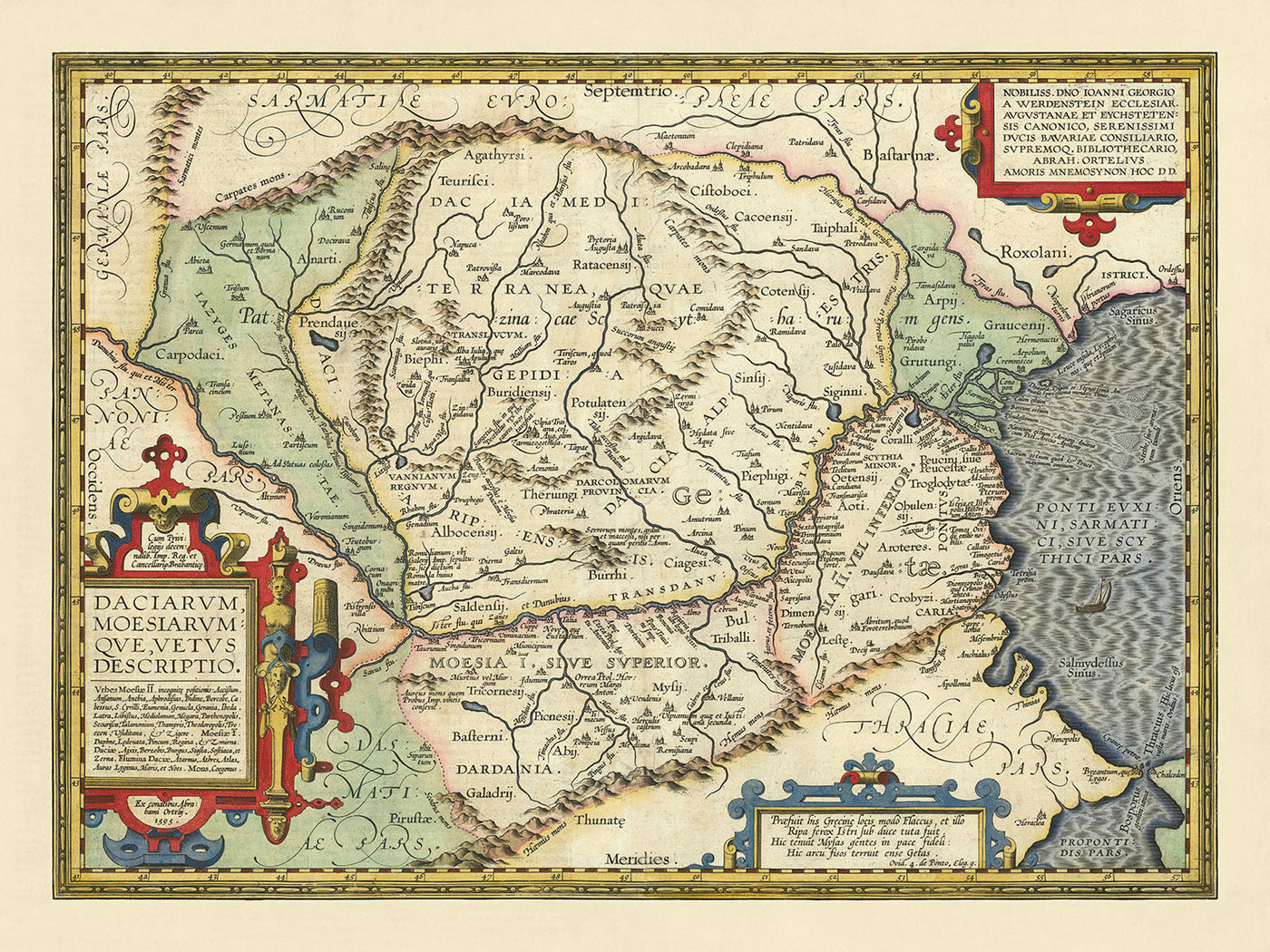 Alte Karte von Rumänien und Bulgarien von Ortelius, 1603: Donau, Karpaten, Schwarzes Meer, Sarmizegetusa, Thrakien