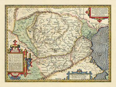 Mapa antiguo de Rumanía y Bulgaria de Ortelius, 1603: río Danubio, montes Cárpatos, mar Negro, Sarmizegetusa, Tracia