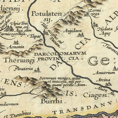 Old Map of Romania and Bulgaria by Ortelius, 1603: Danube River, Carpathian Mountains, Black Sea, Dacia, Moesia