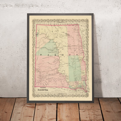 Mapa antiguo de Dakota del Norte y del Sur por JH Colton, 1873: Sioux Falls, Yankton, Vermillion, Brookings y Watertown