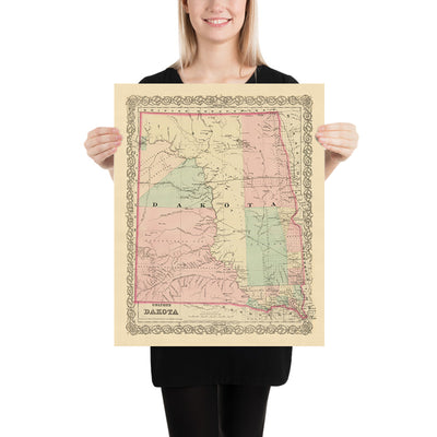 Mapa antiguo de Dakota del Norte y del Sur por JH Colton, 1873: Sioux Falls, Yankton, Vermillion, Brookings y Watertown