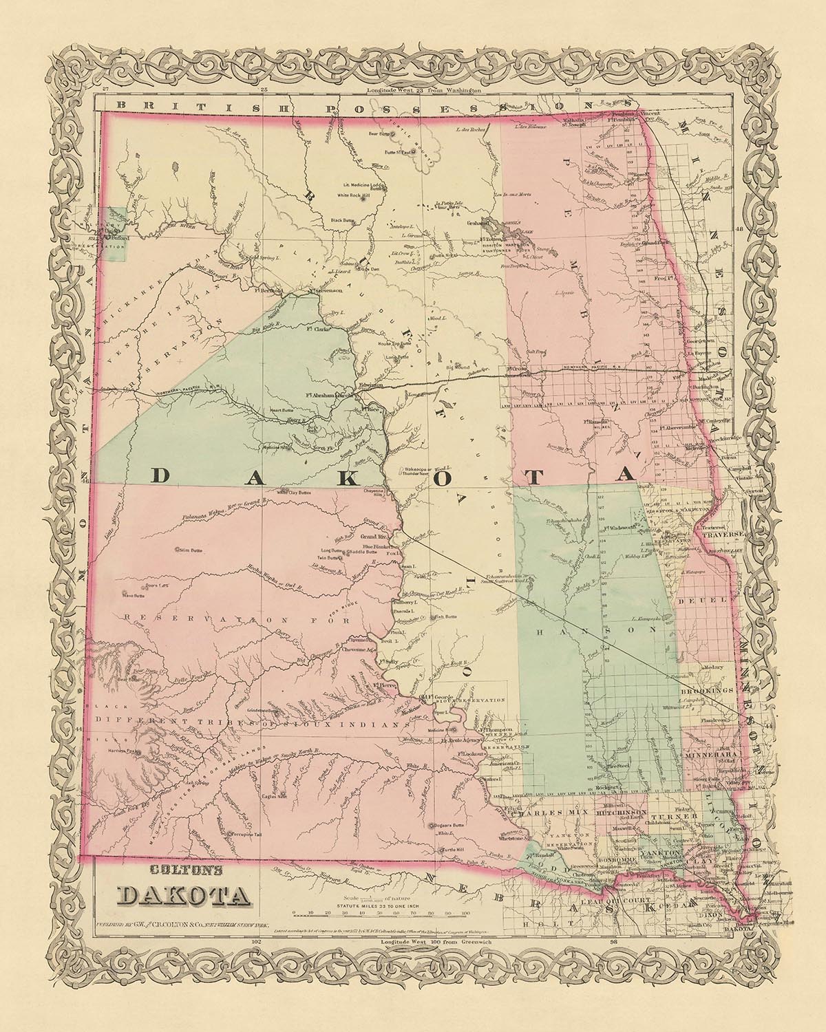 Alte Karte von North und South Dakota von JH Colton, 1873: Sioux Falls, Yankton, Vermillion, Brookings und Watertown
