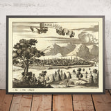 Vecchia mappa Birdseye di Damasco di Koppmayr, 1684: Cupole, Minareti, Montagne, Verde, Attività Umane 