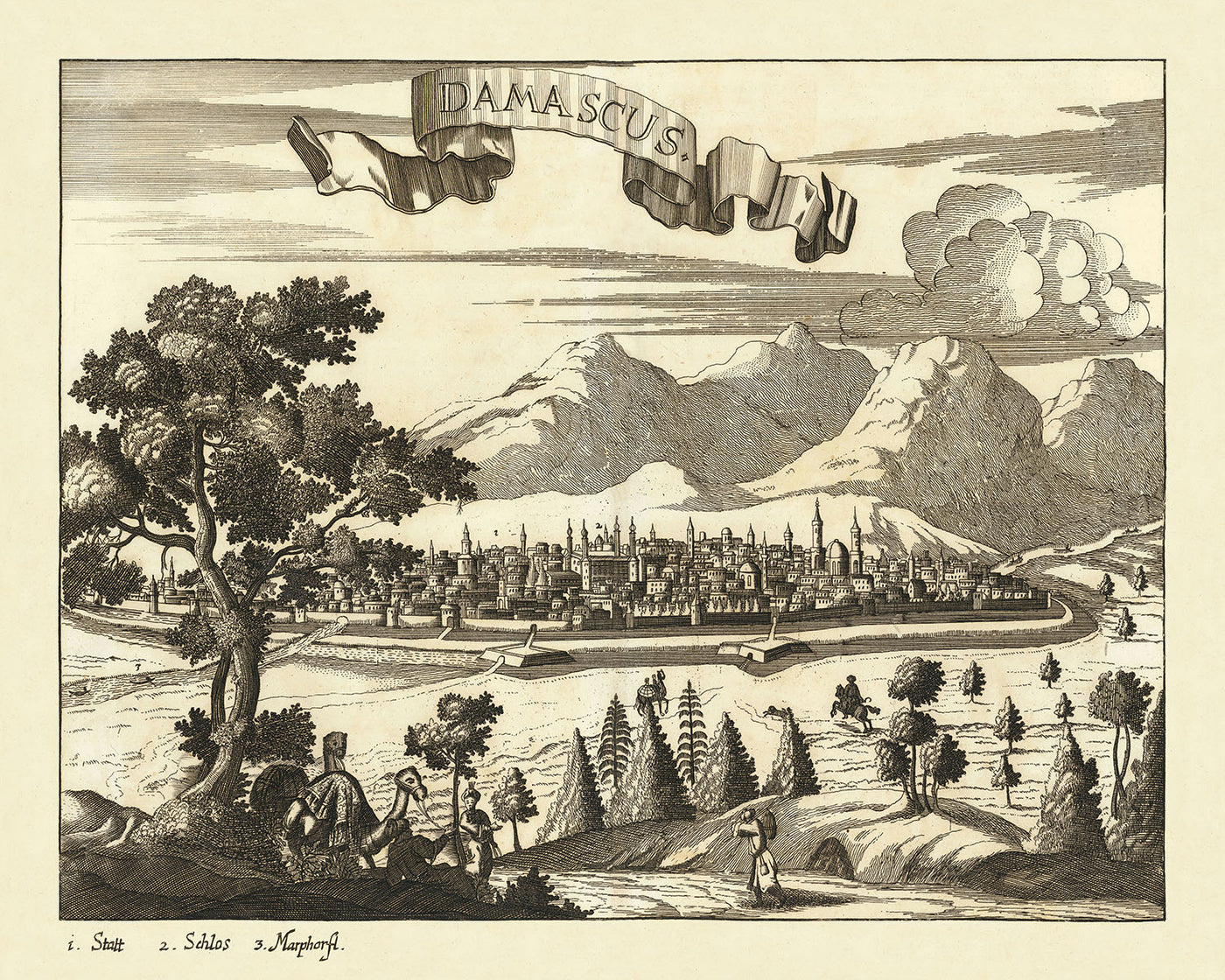 Alte Vogelaugenkarte von Damaskus von Koppmayr, 1684: Kuppeln, Minarette, Berge, Grünflächen, menschliche Aktivitäten