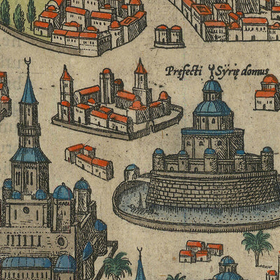 Ancienne carte à vol d'oiseau de Damas par Braun & Hogenberg, 1599 : murs fortifiés, mosquées, Via Recta, montagnes, voies navigables