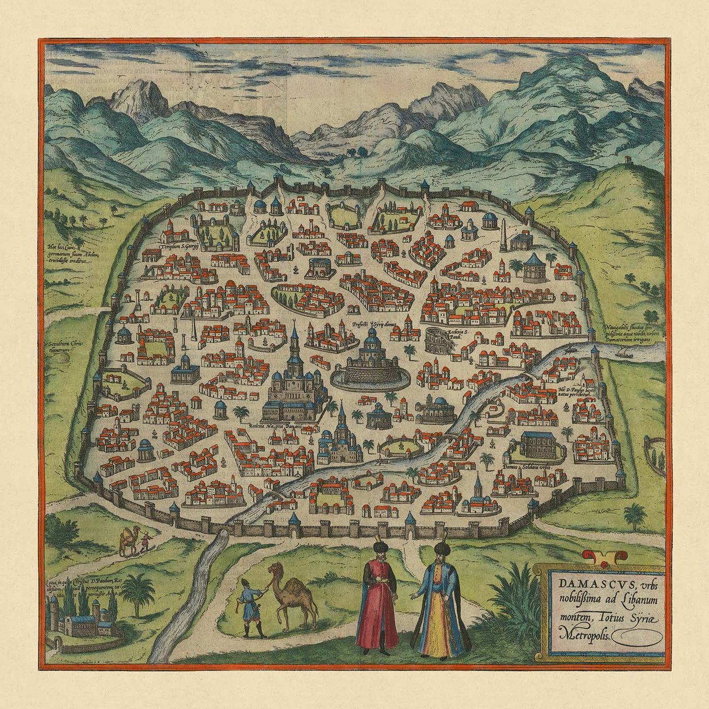 Old Map of Damascus by Braun & Hogenberg, 1599: Fortified Walls, Mosques, Via Recta, Mountains, Waterways