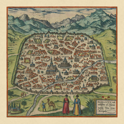 Ancienne carte à vol d'oiseau de Damas par Braun & Hogenberg, 1599 : murs fortifiés, mosquées, Via Recta, montagnes, voies navigables