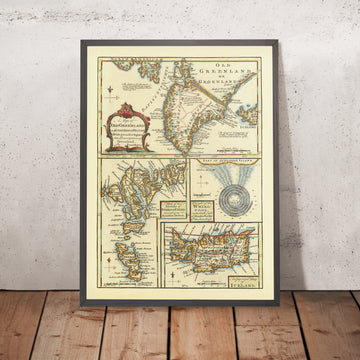 Old Map of Iceland, Faroe Islands & Greenland by Bowen, 1747: Skalholt, Holum, Suðuroy, Davis&