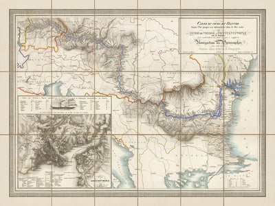 Antiguo mapa de Europa, 1843: río Danubio, barcos de vapor, Austria, Hungría, Rumania