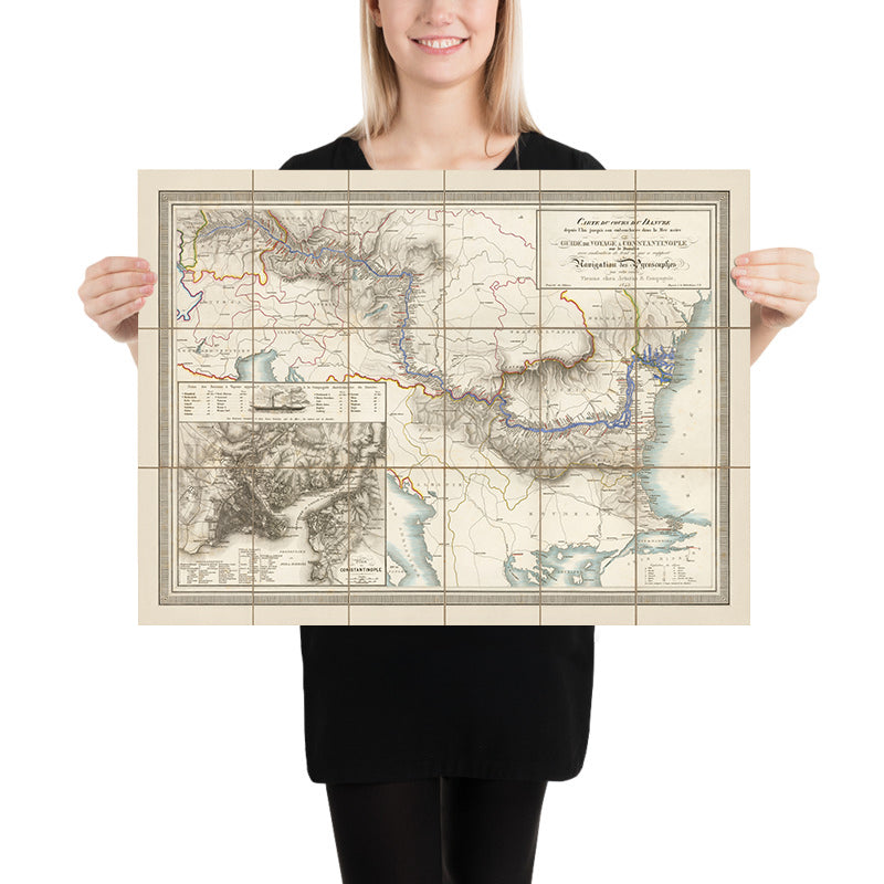 Old Danube River Steamship Route Map, 1843: From Bavaria to the Black Sea, Austria, Hungary, Romania