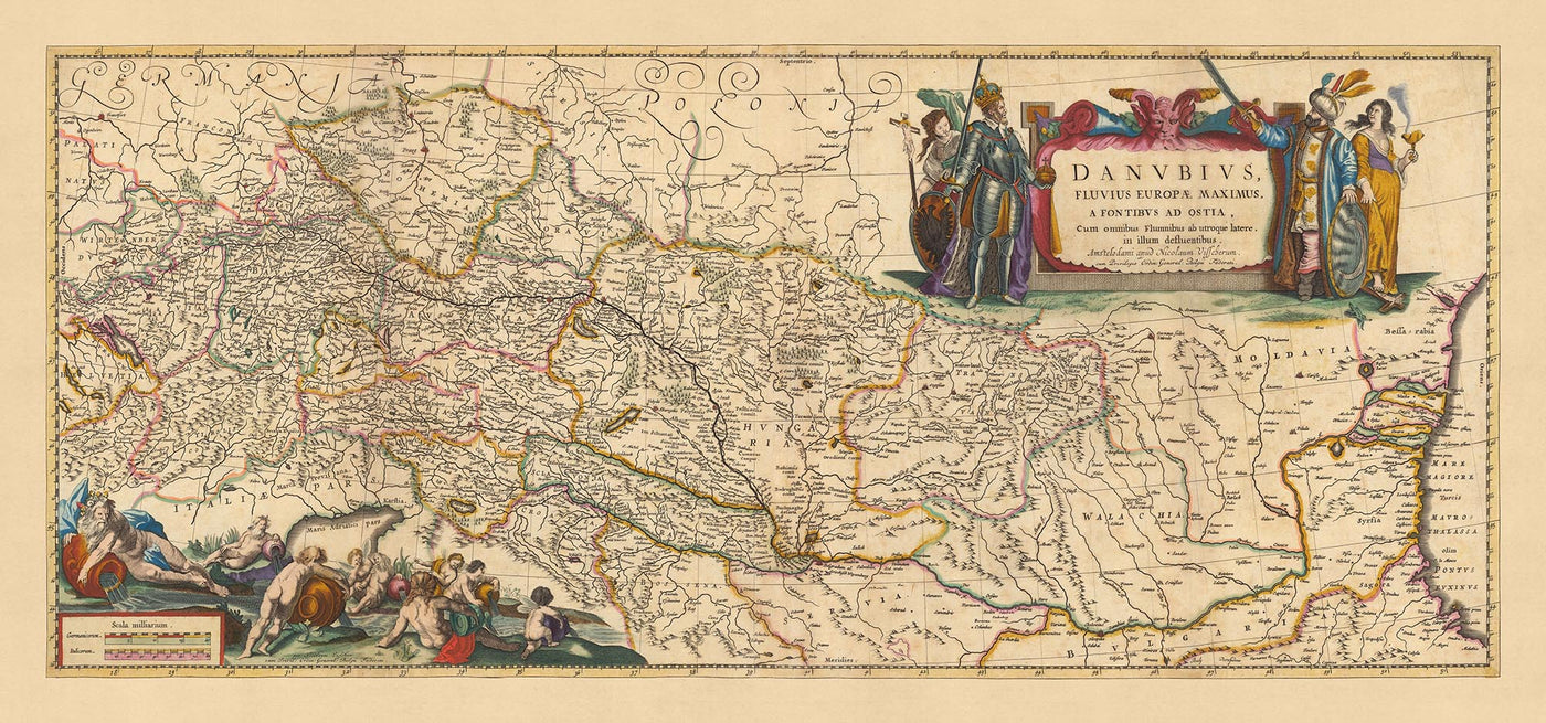 Alte Karte der Donau: Visscher, 1690: Mündung zur Quelle, Wien, Budapest, Prag, Bukarest, Zagreb