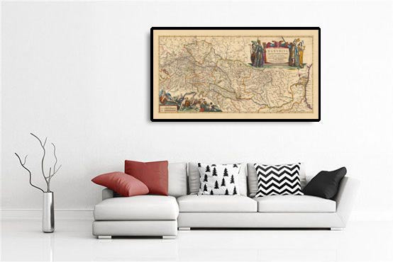 Mapa antiguo del río Danubio: Visscher, 1690: Boca a la fuente, Viena, Budapest, Praga, Bucarest, Zagreb