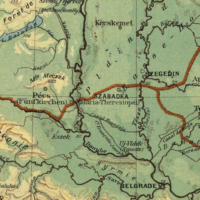 Old Map of the Danube River in Europe by Kartographia Winterthur, 1921: Munich, Vienna, Belgrade, Budapest, Bucharest