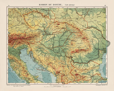 Ancienne carte de l'Europe centrale et orientale par Kartographia Winterthur, 1921 : Danube, Munich, Vienne, Belgrade, Budapest, Bucarest