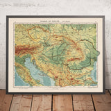 Antigua mapa del río Danubio en Europa por Kartographia Winterthur, 1921: Múnich, Viena, Belgrado, Budapest, Bucarest 
