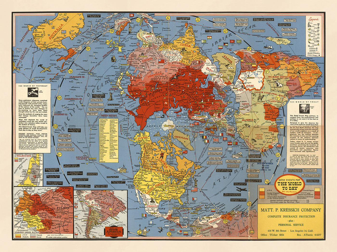 Ancienne carte de la Terre plate "Le monde aujourd'hui" par Stanley Turner, 1948 : Carte de la Terre plate azimutale du pôle Nord