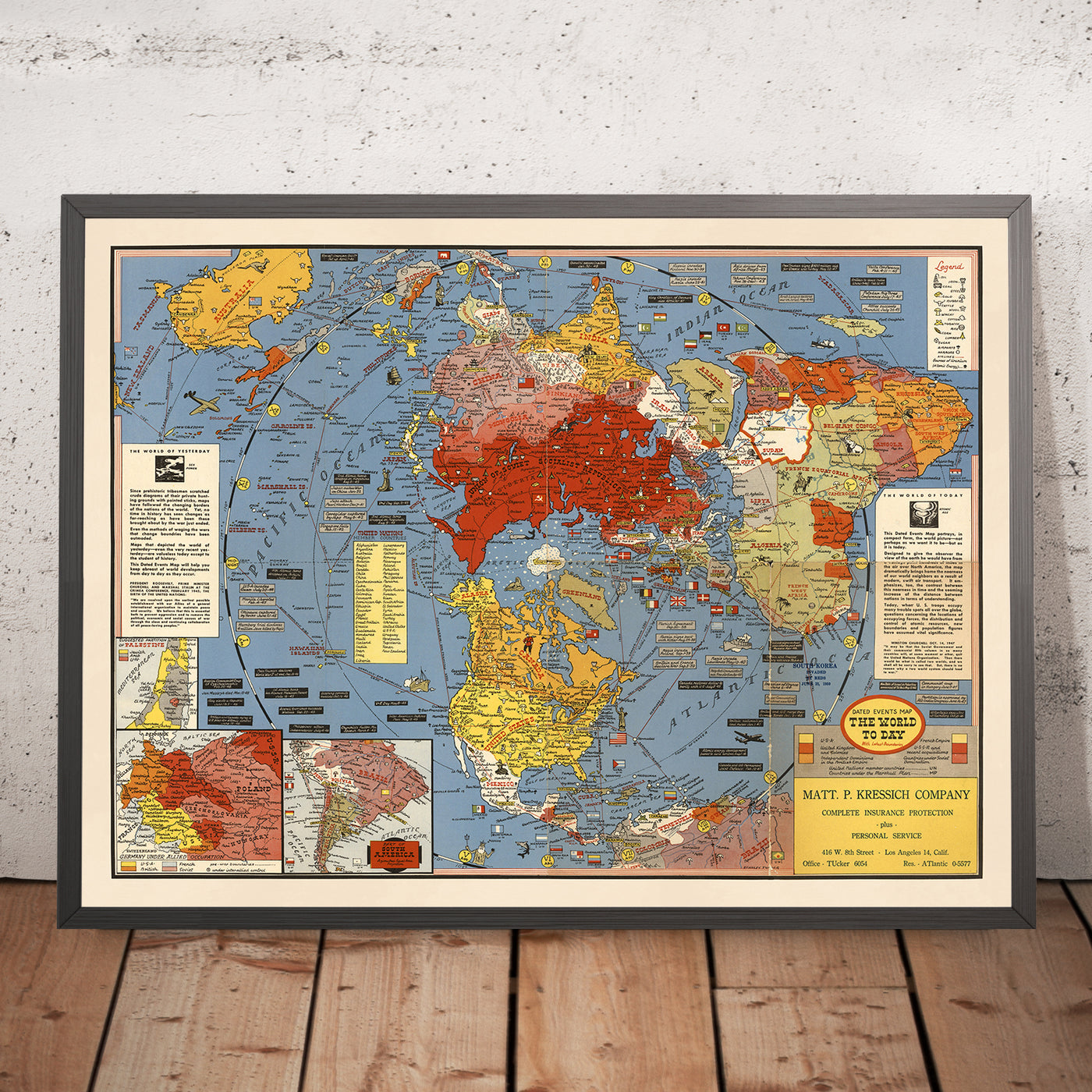 Ancienne carte de la Terre plate "Le monde aujourd'hui" par Stanley Turner, 1948 : Carte de la Terre plate azimutale du pôle Nord
