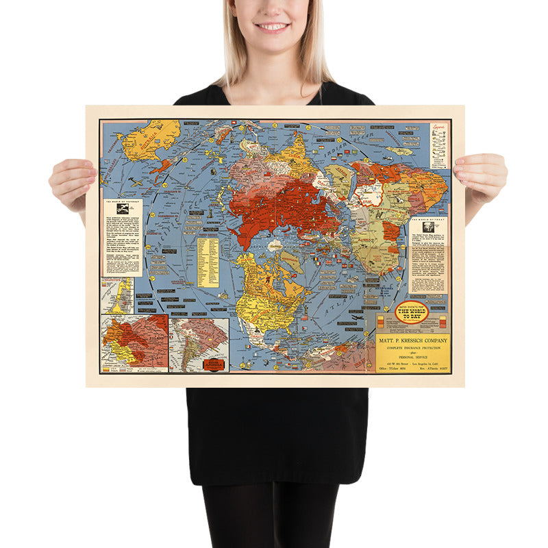 Alte Karte der flachen Erde „The World Today“ von Stanley Turner, 1948: Azimutale Karte der flachen Erde des Nordpols