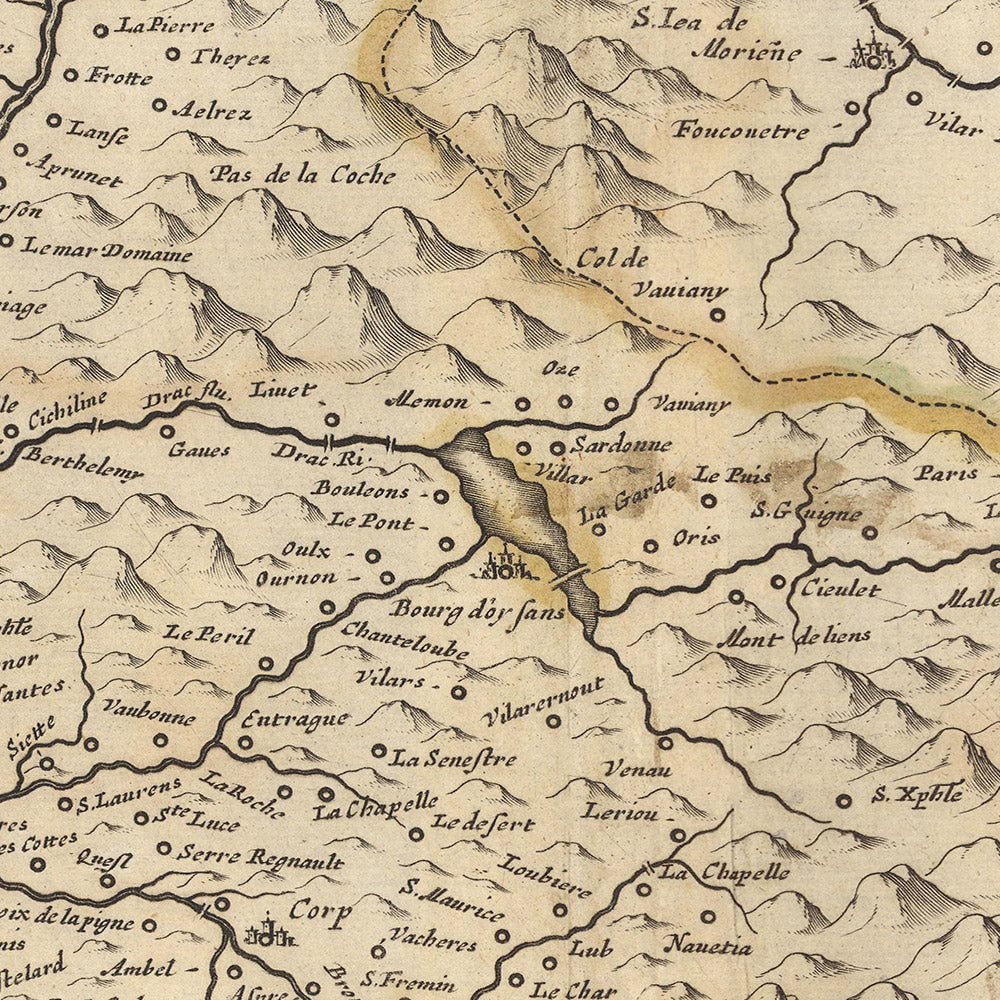 Mapa antiguo de la provincia de Dauphiné por Visscher, 1690: Chambéry, Grenoble, Lyon, Valence, Parque Nacional de la Vanoise