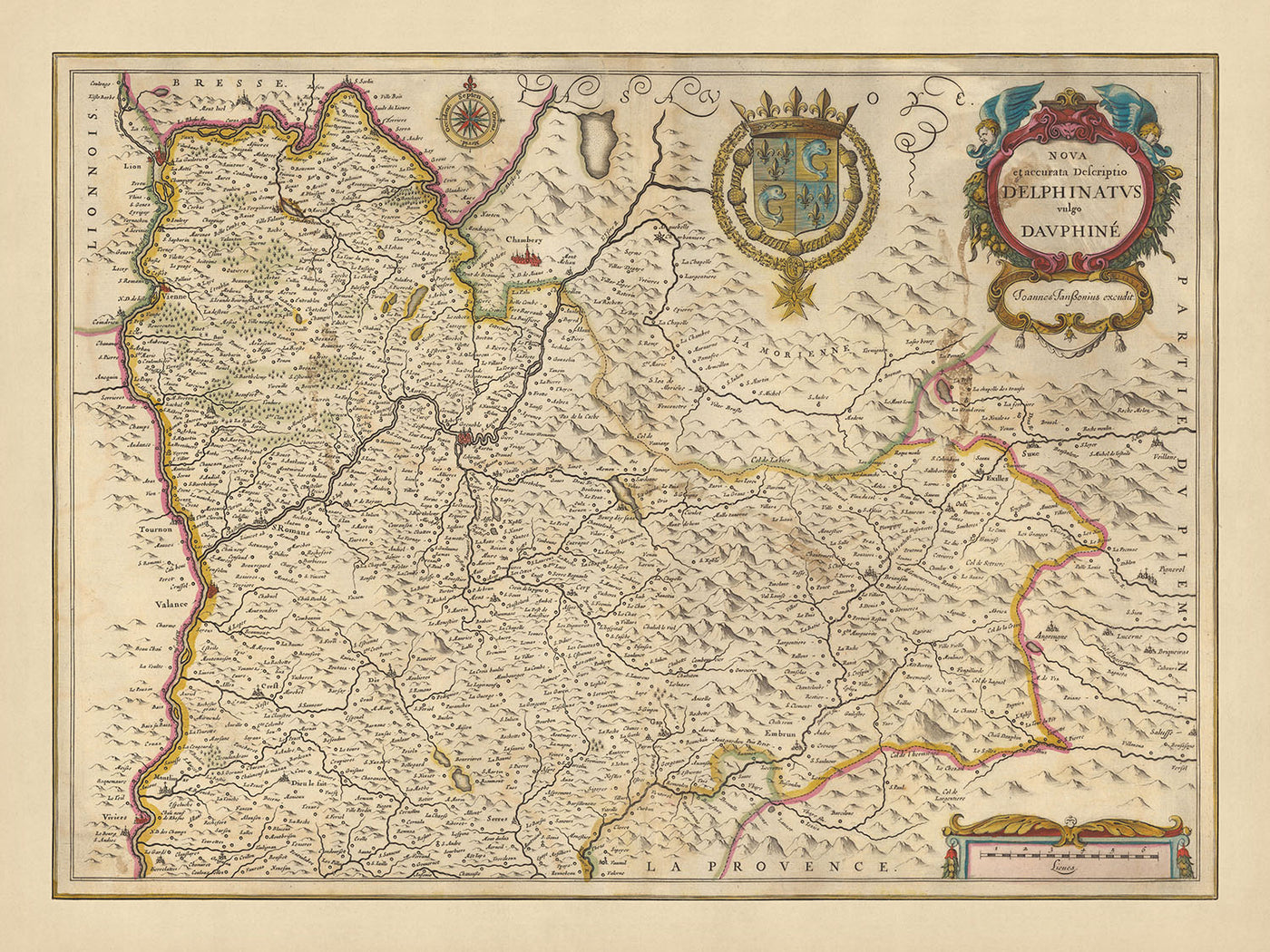 Mapa antiguo de la provincia de Dauphiné por Visscher, 1690: Chambéry, Grenoble, Lyon, Valence, Parque Nacional de la Vanoise