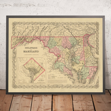 Old Map of Delaware, Maryland & Washington D.C. by J.H. Colton, 1859: Wilmington, Baltimore, Annapolis, Dover