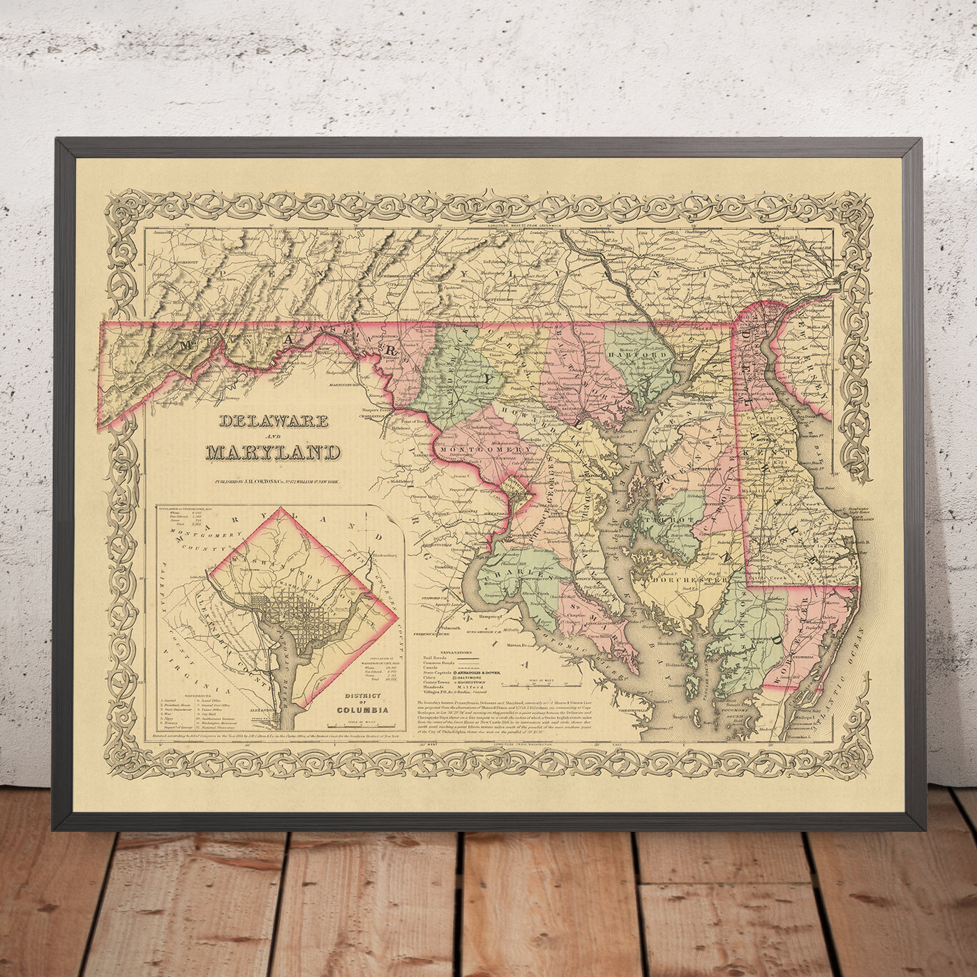 Mapa antiguo de Delaware, Maryland y Washington DC por JH Colton, 1859: Wilmington, Baltimore, Annapolis, Dover