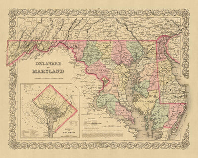 Ancienne carte du Delaware, du Maryland et de Washington DC par JH Colton, 1859 : Wilmington, Baltimore, Annapolis, Douvres