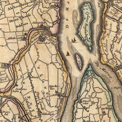 Mapa antiguo de Delfland y Schieland por Visscher, 1690: La Haya, Rotterdam, Delft, Hellevoetsluis, Ridderkerk