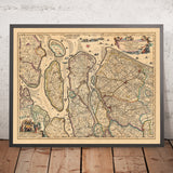 Old Map of Delfland and Schieland by Visscher, 1690: The Hague, Rotterdam, Delft, Hellevoetsluis, Ridderkerk