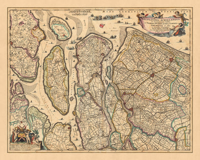 Ancienne carte de Delfland et Schieland par Visscher, 1690 : La Haye, Rotterdam, Delft, Hellevoetsluis, Ridderkerk
